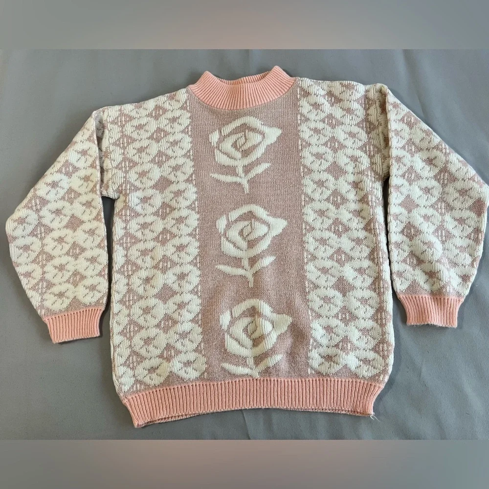 Vintage 90s Private Eyes Sweater Roses Sz 6 Y2K Made USA‎ Pink Silver Coquette